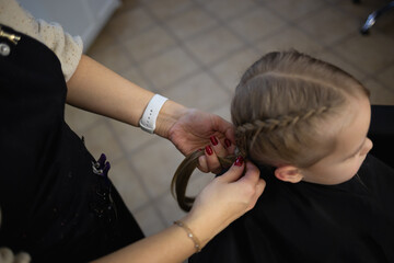 barber in a hairdressing salon braids pigtails to a little cute girl