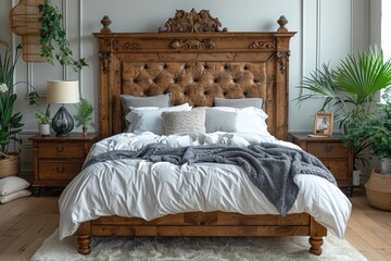 A beautifully-appointed bedroom with an ornate wooden bedframe and plush white bedding
