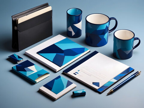 Brand Identity Mock-Up of stationery set with blue abstract geometric design. Business office stationary mockup template of File folder, annual report, van car, brochure, and corporate mug design.