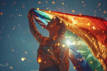 Fototapeta premium Happy Pride! Bokeh glitter queer festival banner background with rainbow flag. LGBT pride or gay pride. Lesbian, gay, bisexual and transgender people proud of sexual orientation. 