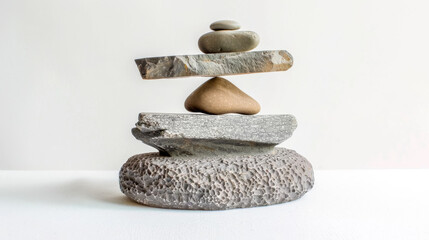 Balanced stone pile on white background