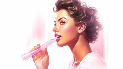 Curly woman brushes her teeth with an pink electric brush isolated on white background - obrazy, fototapety, plakaty