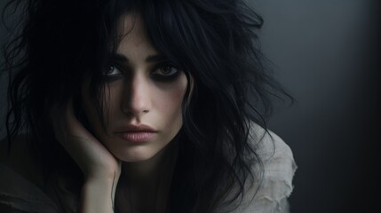 Woman with black hair and big dark eyes isolated on dark background. Attractive brunette woman