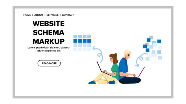 search website schema markup vector. standard featured, file blue, seo engine search website schema markup web flat cartoon illustration