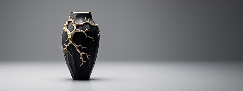 Black ceramic vase with golden roots isolated on a grey background. Copy space.