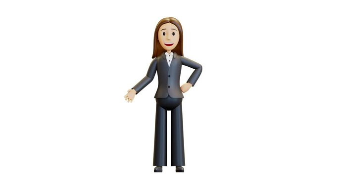 3D animation. Businesswoman in a suit. An office worker offers his services. 4k animation, alpha channel, in cartoon style, isolated. A friendly company employee offers something.