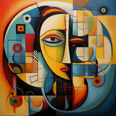 Abstract cubist painting featuring a complex, geometric face
