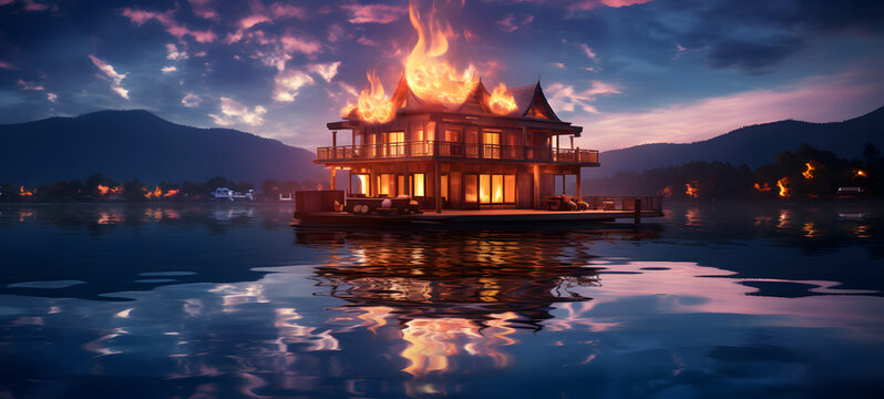 the house floats in the middle of the lake, ai generative