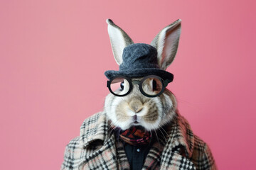 Cute Bunny with Glasses and a Hat on a Pink Background - obrazy, fototapety, plakaty