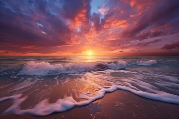 An expansive ocean reflecting a vibrant sunset. Beautiful sunset on the beach. Sunset over the sea