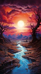 Sunrise over the mountains. A blue river in the forest at the sunset. Vertical orientation