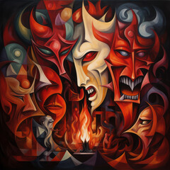 Abstract cubist artwork depicting fiery forms and dramatic expressions demon faces - obrazy, fototapety, plakaty