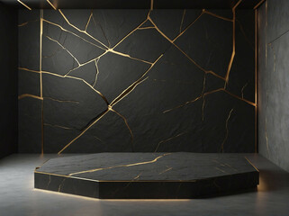 A black and gold podium in the center in front of a black stone wall with gold cracks. It has space ready fo mockup use.
