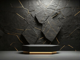 A black and gold podium in the center in front of a black stone wall with gold cracks. It has space ready fo mockup use.