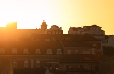 Lisbon sunset photo. Amazing panorama video from a mirador viewpoint in Lisbon during a spring sunset. Travel to Portugal.
