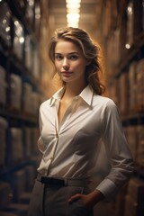 Young businesswoman stands confidently with her arms crossed at the warehouse on blurred background. Vertical orientation