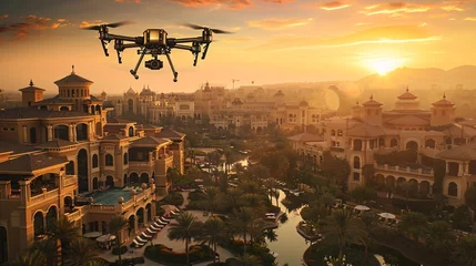 Poster A drone flies over a luxurious buildings with a sunset in the background, text copy space © growth.ai