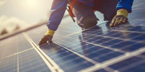 photovoltaic solar panel installation on a house roof by a worker, technician or engineer. Close-up view. Alternative, renewable energy concept. Sustainable energy for home.