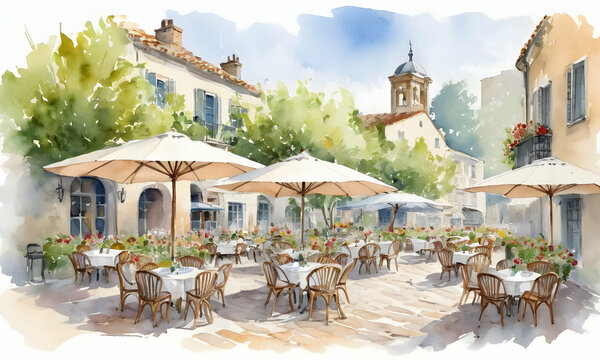Quaint streetside restaurant in watercolor. Hospitality branding and inviting atmosphere in dining spaces concept. AI Illustration