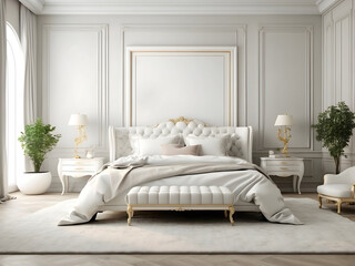 White luxurious bedroom mock-up with frame for picture design.