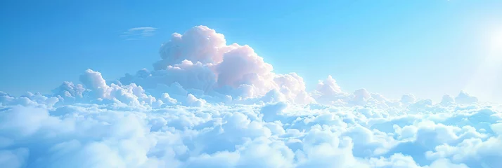 Gordijnen Beautiful sky with white clouds on a clear blue background. Soft clouds drift in the sky. A sky landscape with fluffy white clouds. Clouds banner. © Planetz