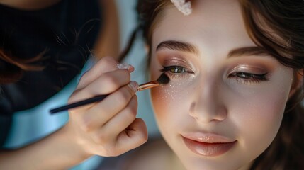 Obraz premium woman putting makeup on beautiful woman in a professional studio with lighting