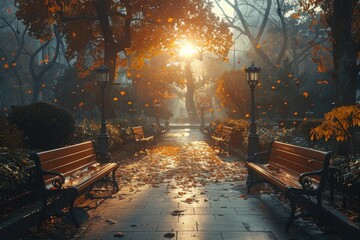 An enchanting pathway in an autumn park illuminated by a soft sunbeam, flanked by wooden benches and falling leaves - obrazy, fototapety, plakaty