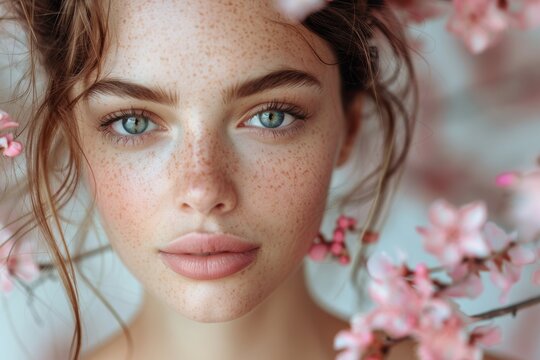 An intimate portrait showcasing a young woman's face framed by pink cherry blossoms, highlighting her blue eyes