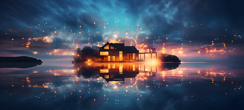 the house floats in the middle of the lake, ai generative
