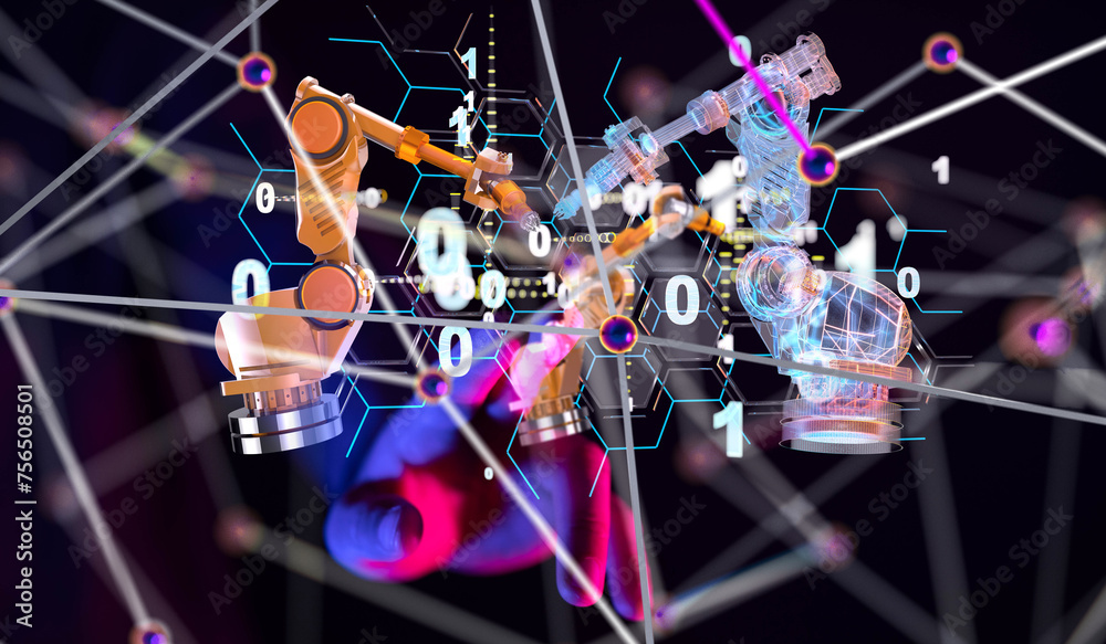 Poster Neural network 3D illustration. Big data and cybersecurity - 3d