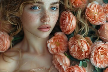 Lush and romantic portrait of a young woman with blue eyes, surrounded by soft pink roses creating a dreamy look - obrazy, fototapety, plakaty