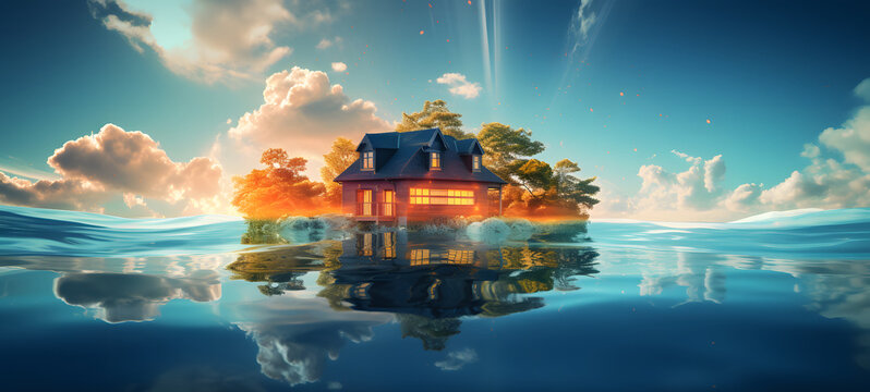 the house floats in the middle of the lake, ai generative