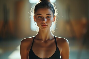 An athletic young woman strikes a powerful pose, highlighted by striking lighting and shadows in a fitness environment