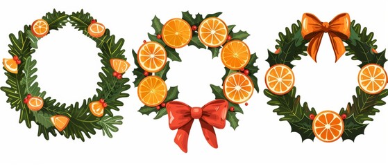 The cartoon modern illustration set of Christmas natural round holiday garland is created from plant twigs with green leaves and orange slices.