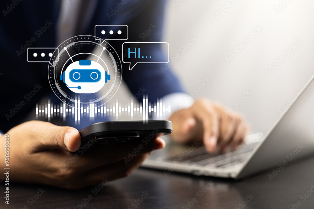Aufkleber AI Technology in modern business, Chatbot conversation assistant for virtual assistance and customer support communication, AI Chatbots assisting business people with intelligent solutions futuristic.