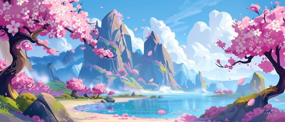 Obraz na płótnie Canvas Modern illustration of cherry or sakura flowers near pond and hills under a blue sky with clouds in spring. Cherry or Sakura flowers on lake shore, at foot of high rocky mountains.