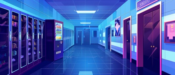 Cartoon illustration of lockers in a night school corridor. The modern illustration shows the doors to the classrooms, vending machines selling snacks, a portrait hanging on the wall, metal cabinets,