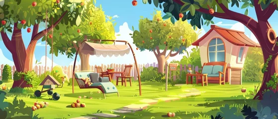 Foto op Plexiglas The backyard of a country home with trees, plants, and furniture. Cartoon summer landscape with fruits and green grass, swing with canopy, wooden table and chairs, and dog house. © Mark