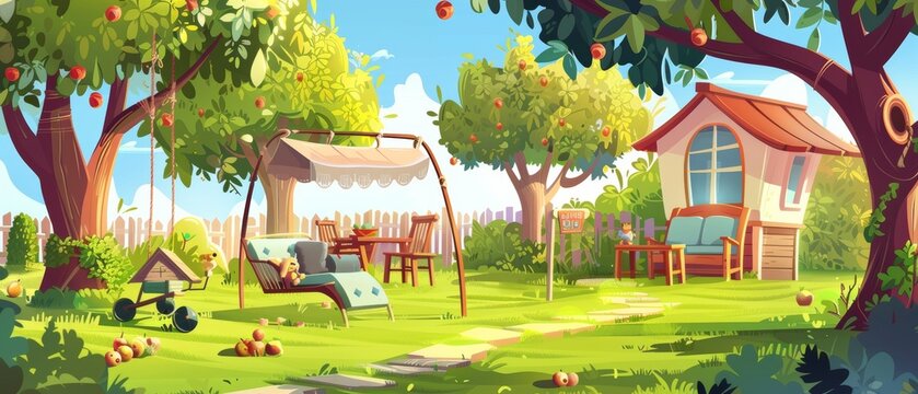 The backyard of a country home with trees, plants, and furniture. Cartoon summer landscape with fruits and green grass, swing with canopy, wooden table and chairs, and dog house.