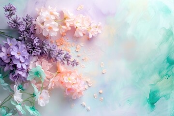 Obraz na płótnie Canvas A serene splash of pastel hues, where lavender, mint green, and soft peach gently blend together, evoking a dreamy spring morning.