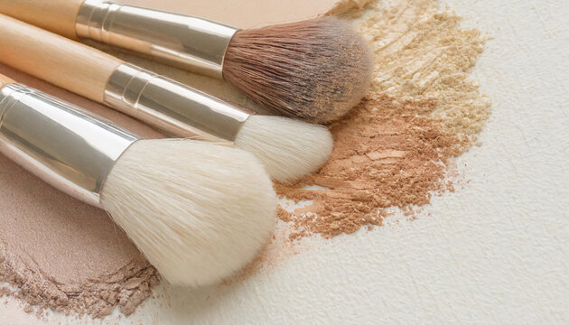 Close up of a brush applying beige powder emphasizing a nude makeup look on a isolated pastel background Copy space
