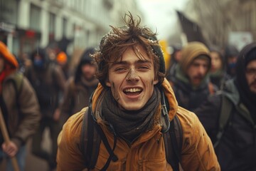 An upbeat young man smiling in a crowd with other demonstrators in a busy urban environment - obrazy, fototapety, plakaty