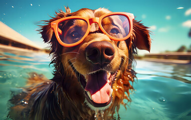 Summer Fun Dog Swimming with Sunglasses. A happy dog wearing orange sunglasses, enjoying a swim in a pool, perfect for summer and pet lifestyle themes. - obrazy, fototapety, plakaty