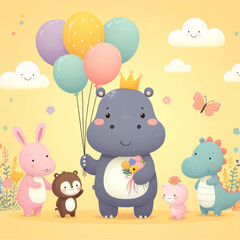 Fototapeta premium A joyful grey hippo in a black suit and orange tie holds colorful balloons, surrounded by a dinosaur, a piglet, a chick, and a blue creature, all against a festive backdrop