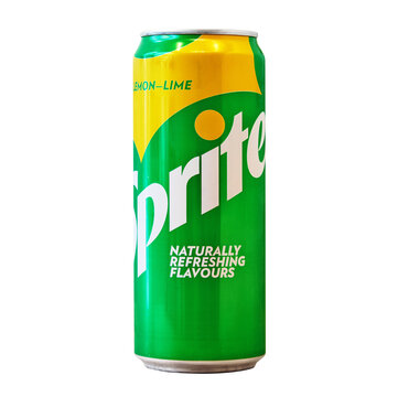 Aluminum can with sweet carbonated drink Sprite isolated on a white background, made for Belgium