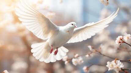 Beautiful wide shot of a dove flying in a blooming garden with copy space for text