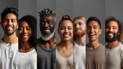 Many Headshots of a smiling men and women looking at the camera on a gray background  - Powered by Adobe