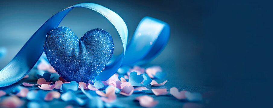 National Foster Care Month awareness concept with symbolic blue ribbon and heart, promoting foster family support and child welfare services