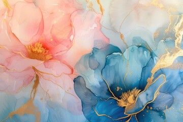Gentle watercolor washes in soft pastels, with edges where colors meet creating delicate veins of gold leaf.