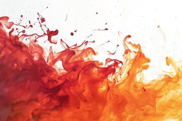 Vibrant red and orange paint splashes merging like flames, creating an abstract representation of a fiery sunset on a white background.